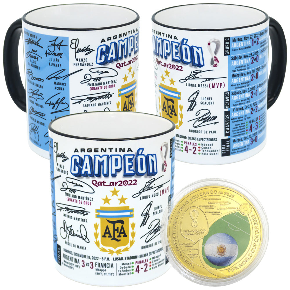 Argentina 2022 Champion Autographed Futbol Soccer Mug with Gold Plated Coin