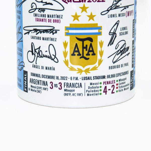 Argentina 2022 Champion Autographed Futbol Soccer Mug with Gold Plated Coin